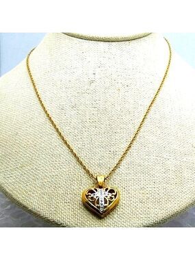 Vintage Sterling Silver Gold Vermeil Heart Cross Pendant Necklace 18" Rope Chain